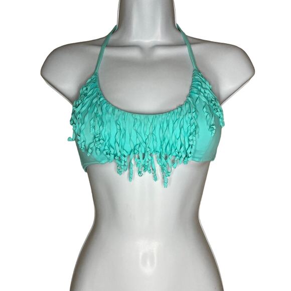 Victoria's Secret Fringe Bikini Top Halter Tie Triangle Boho Padded Aqua Small - Picture 1 of 16